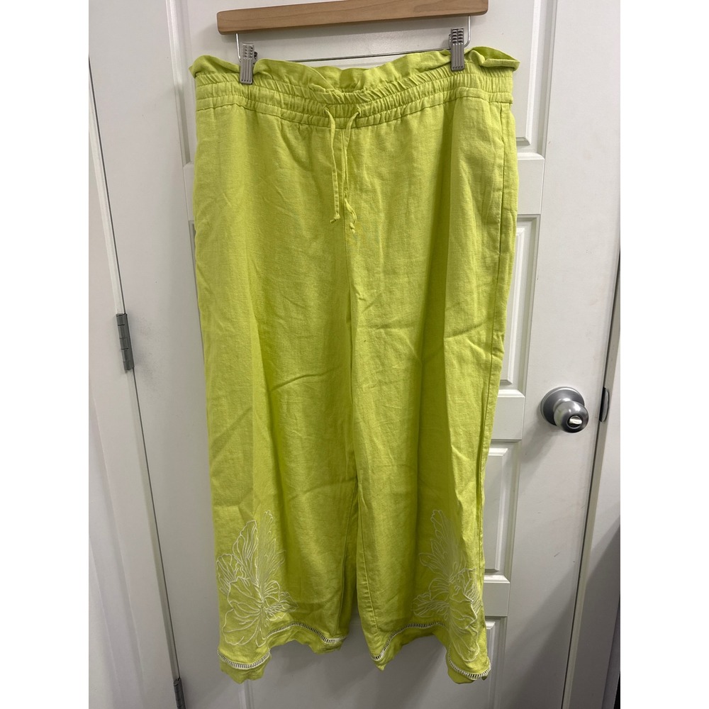 House of Harlow 1960 Lime Green Linen Blend Wide Leg Embroidered Pants Large